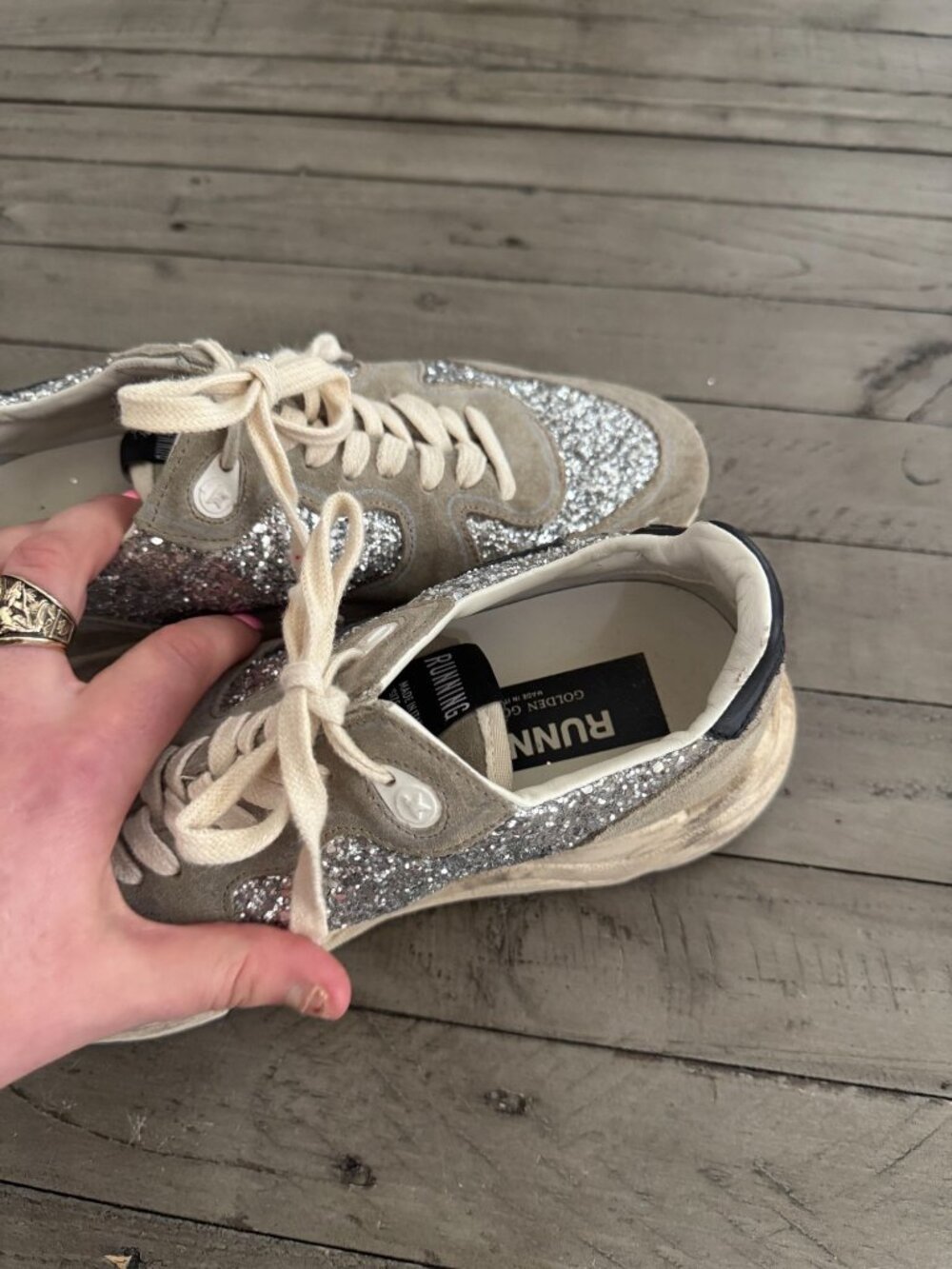 Golden Goose Running Sole Sneaker in Silver Glitter and Dove Gray Suede 39 - Picture 10 of 11